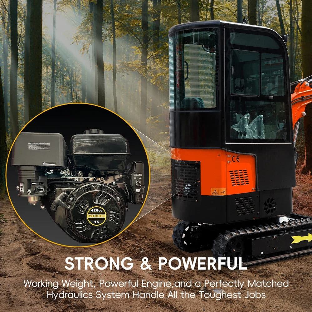 MMS Mini Excavator 1 Ton Crawler Digger With Closed Cab 13.5HP Gasoline Egnine Excavator