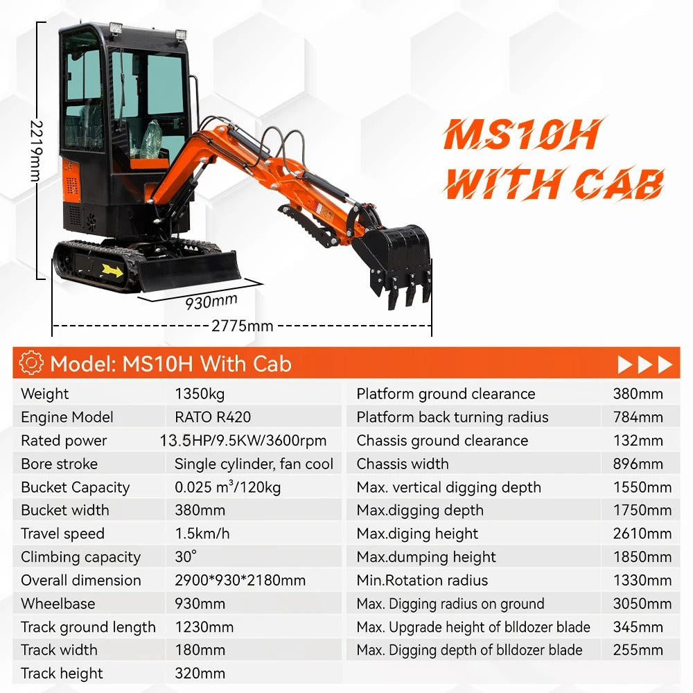 MMS Mini Excavator 1 Ton Crawler Digger With Closed Cab 13.5HP Gasoline Egnine Excavator